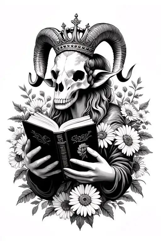 Aries Ram Skull With Daisies And Crown Holding Book In Hands