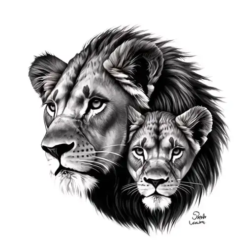 Lion Lioness 2 Cubs Face Only