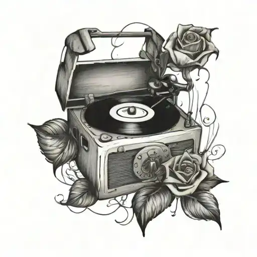 A Vintage Record Player With A Rose Growing Out Of It
