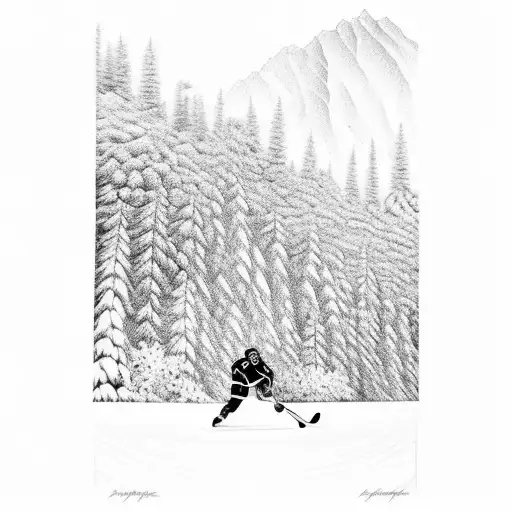 Pond Hockey Player Skating On Ice In The Forest With Mountains In The Background