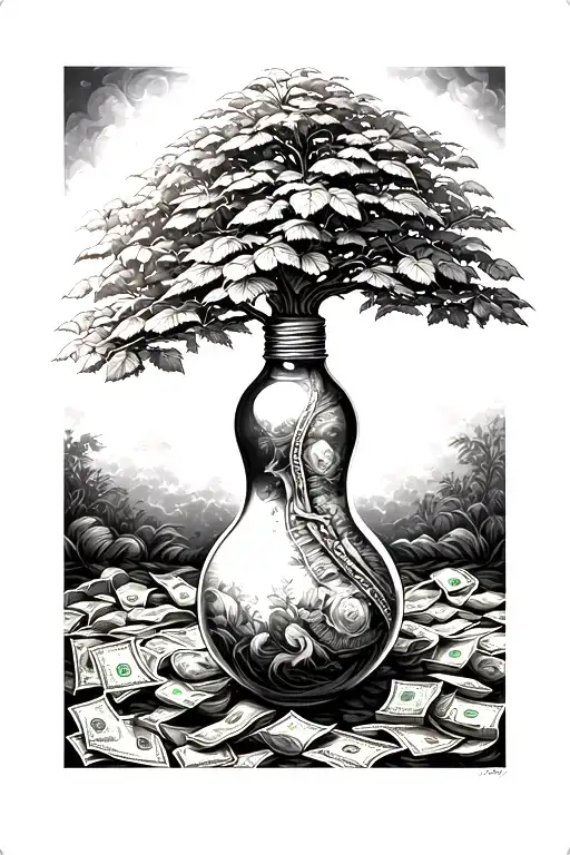 Light Blub With Money Tree Growing Out The Top Of Light Blub