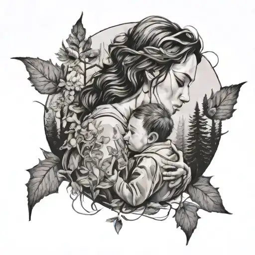 A Black And Grey Portrait Of A Mother And Child Surrounded By A Forest Scene