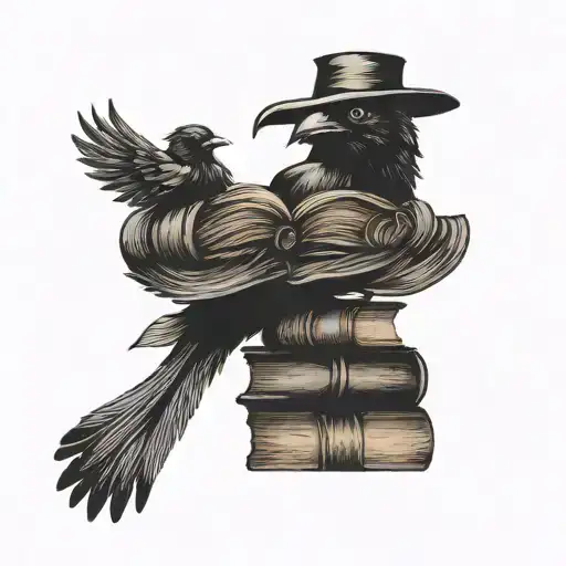 Edgar Allan Poe Style Tattoo With Books And Crow