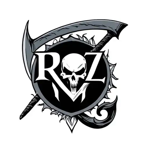 Large Rz Logo With Reaper Scythe Behind It