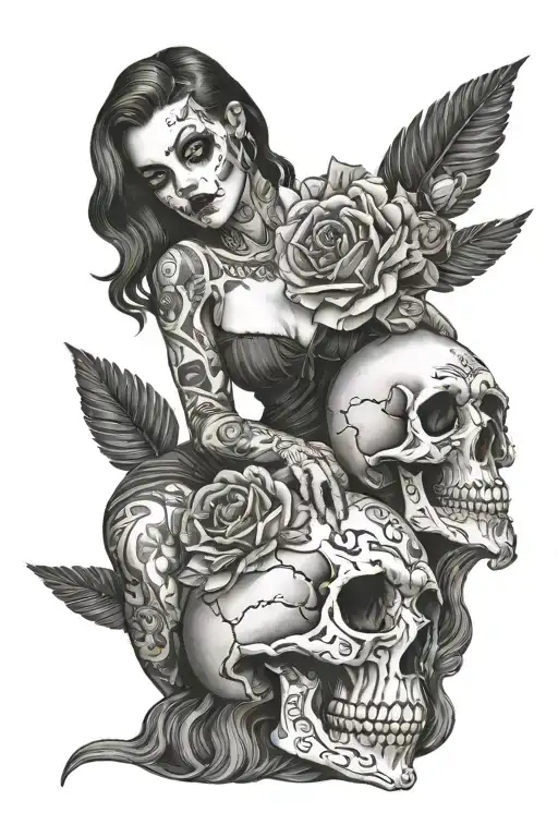 Tattoo Girl Holding Skull And Sitting On Corpse's