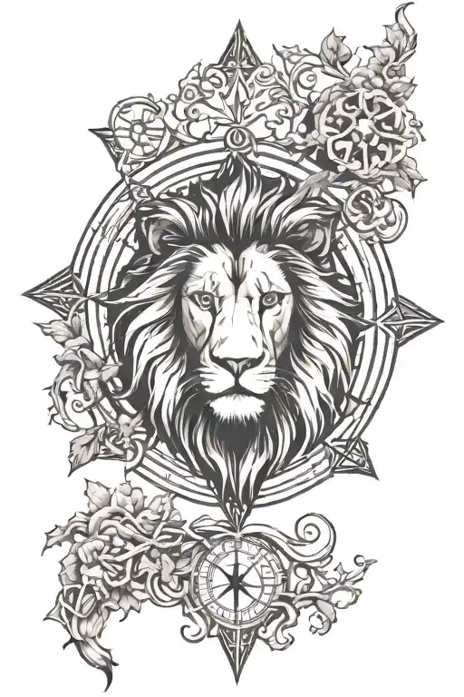 Lion Head Compass Intertwined Trees Background Looking