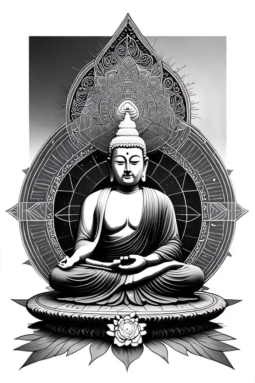 Monk Meditating Buddha Surrounded By Sacred Geometry