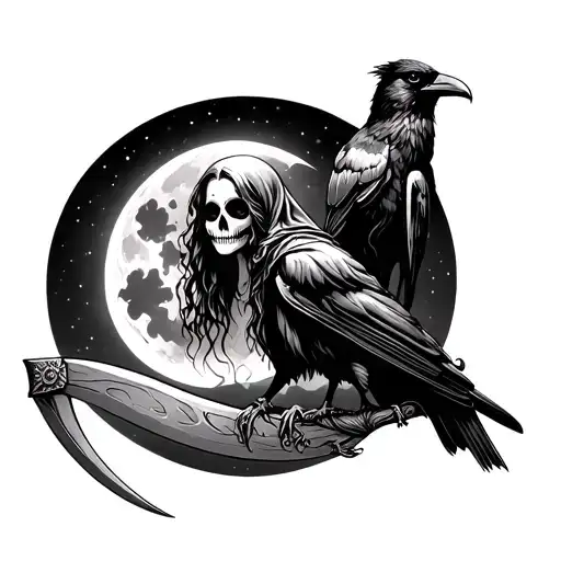 Santa Muerte With Crescent Moon Behind Her And A Raven Perched On Scythe