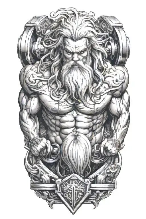 Super Muscled Atlas Greek God With Long Silver Hair And Beard Lifting Weights