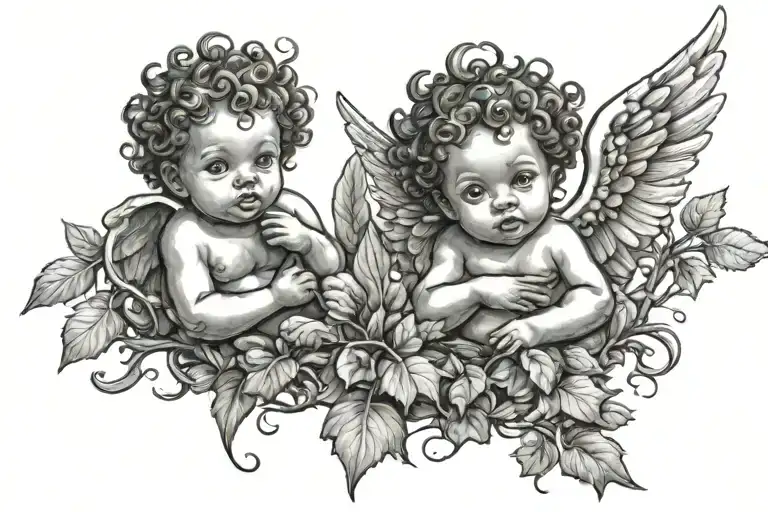 Black Baby Cherub Angels With Different Expressions And A Tree Branch