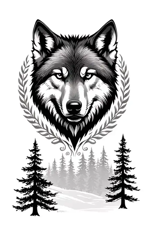 Wolf Head With Trees Surrounding Around It Realistic