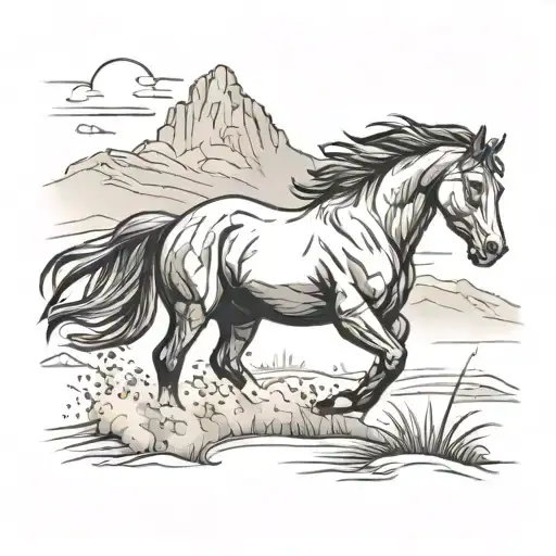 Wild Stallion Running Through A Field With A River And Mountains In The Background