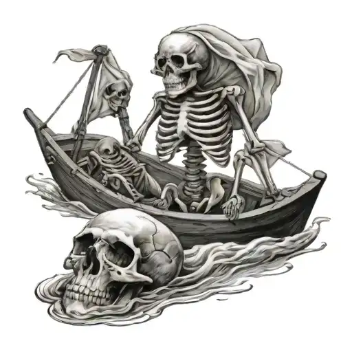 Realistic Human Skeleton Floating Away On A Boat