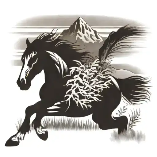 Wild Stallion Running Through A Field With A River And Mountains In The Background