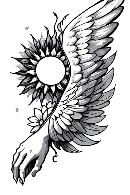 Wing Going Into Sun With Flower Arm Sleeve
