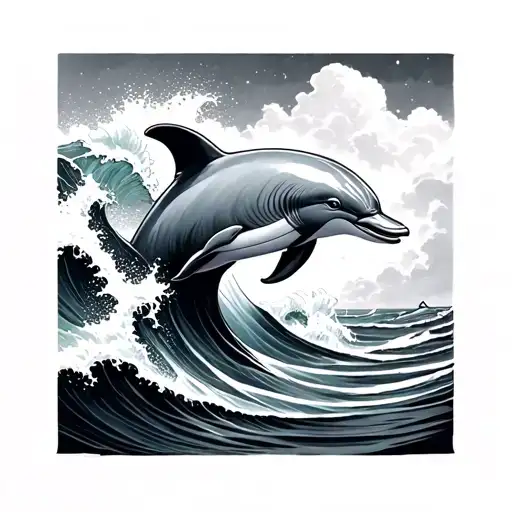 Dolphin In A Wave Crashing With Babies