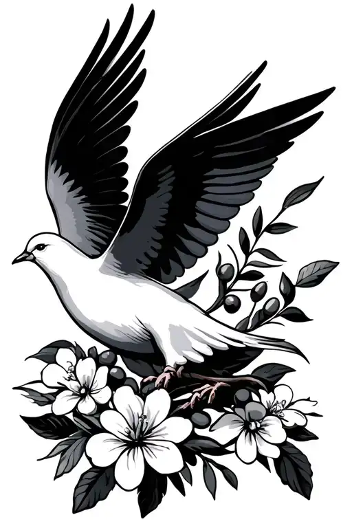 Dove Holding Olive Branch Surrounded With Flowers Intertwined