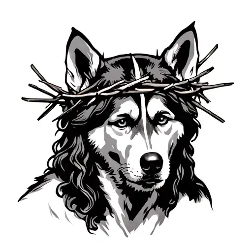 Jesus With Crown Of Thorns And A Husky Dog