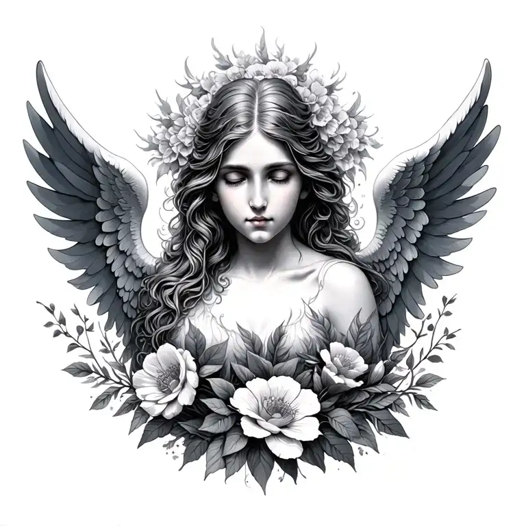 Seraphim Angel And Flowers Growing Together