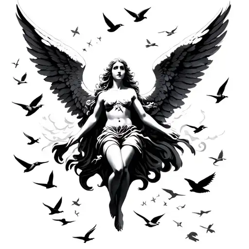 Fineline Falling Angel With Wings Spread Wide With Birds Flying Around