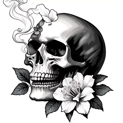 Front Facing Skull Smoking With Rhododendron Flowers