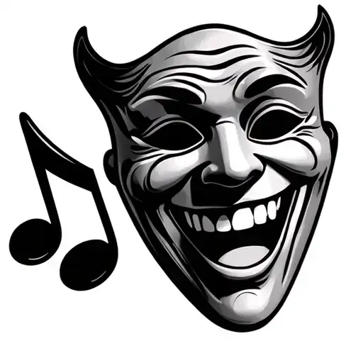 Laughing Theatre Mask With Music Note Next To It