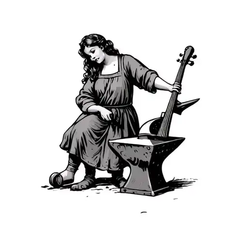 Blacksmith With Anvil And Hammed Near A Lovely Girl With Music Instrument