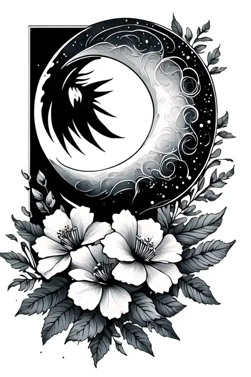 Crescent Moon With Flowers Under Lower Left Side