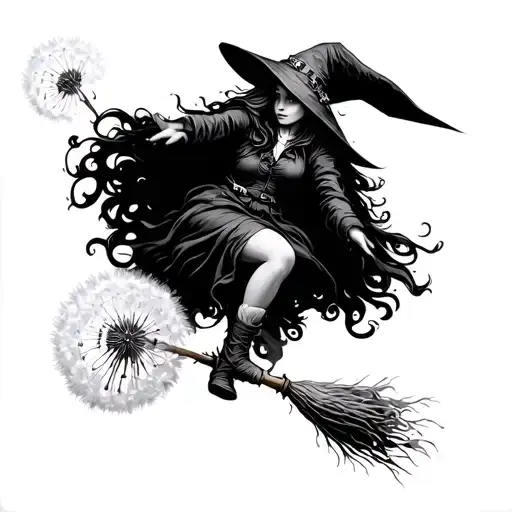 Witch Riding Dandelion Seed Broomstick