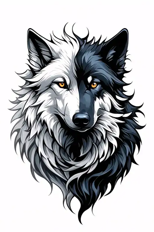 A White Wolf And An Intertwined Black Wolf Formed By