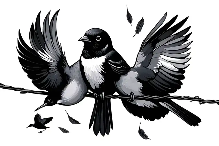 2 Birds On A Wire With Feathers Falling And One Bird On Another Wire Below Minimalistic