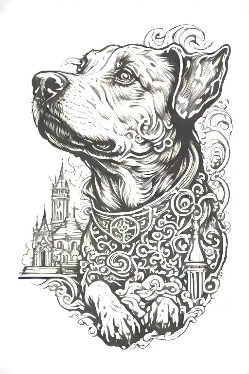 A Dog At The Gates Of Heaven Looking Up At The Sky