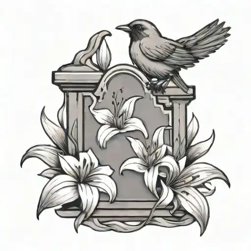 Traditional Gravestone With A Lily Flower And A Robin Perched On Top Of The Gravestone
