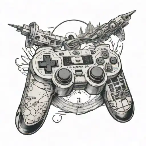 A Black-grey Tattoo Of A Gaming Controller Intertwined With Road Trip Symbols Like A Map And Compass