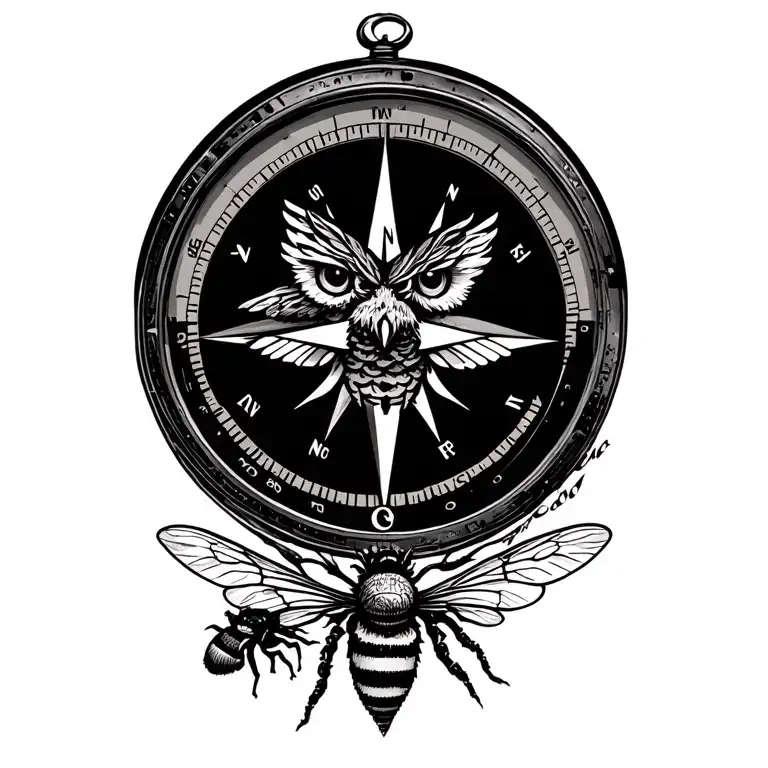 A Compass Tattoo That Includes An Owl And Bee