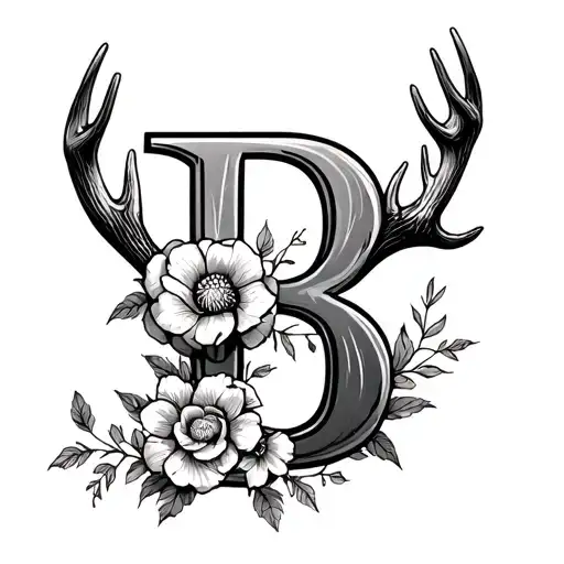 B Initial With Flowers And Antler