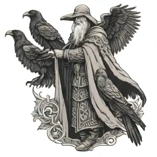 Odin In Cloak With His Ravens Huginn And Muninn