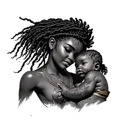 Blacks Warrior Mom With Dreads With A Baby Boy In Her Bac