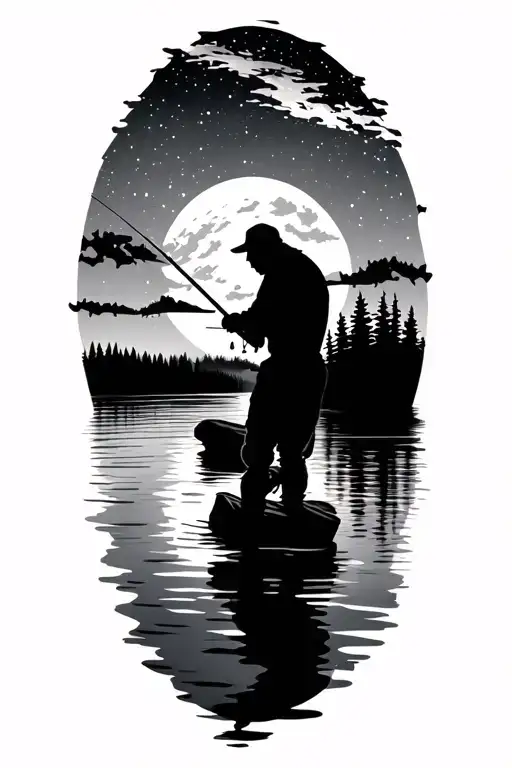Small Silhouette Of Person Fishing On Lake With Clear Night Sky Above