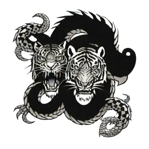 A Dragon And A Tiger Of The Same Size Are Surrounded By 2 Huge Thick Snakes