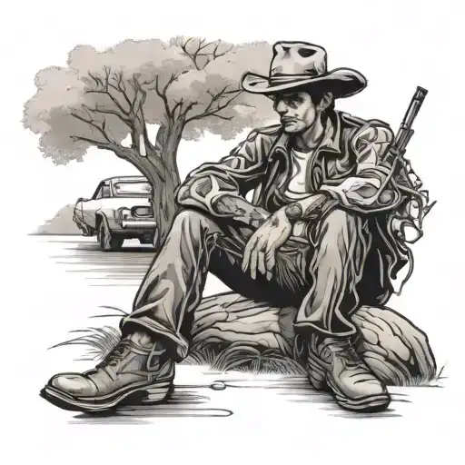 Cowboy Sitting By A Tree With A Gto In The Background