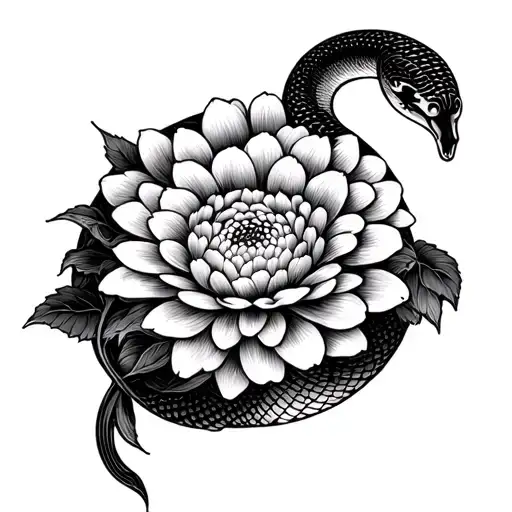 Big Bloomed Chrysanthemum Japanese Circle Frame With Snake