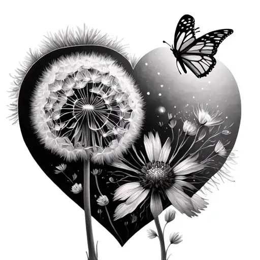 Dandelion And Pusteblume In Heart Shape With Butterflies
