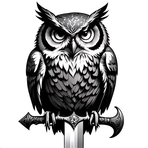 Owl Perched On A Sword Hilt Going Down The Spine