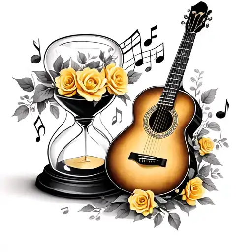 Feminine Hourglass Filled With Music Notes And A Acoustic Guitar With Small Yellow Roses