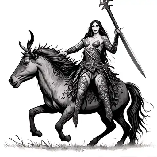 Centaur In Woods With Viking Woman Warrior Wielding