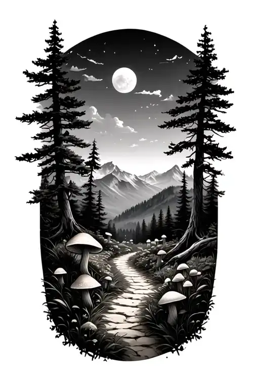 Extremely Realistic Nature Landscape Mountain Path With Beatiful Trees And Mushrooms