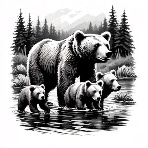 Father Bear Mother Bear And Baby Bears Walking Up Stream