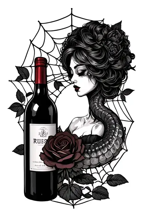 A Worm Lady With A Bottle Of Wine In A Web With A Rose