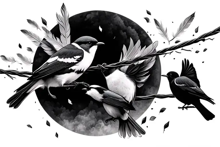 2 Birds On A Wire With Feathers Falling And One Bird On Another Wire Below